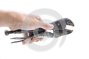 Hand holding locking grip pliers
