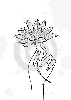 Hand holding lotus flower. Contour hand drawn illustration. yoga, meditation, awakening symbol.