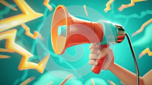 A hand holding a loudspeaker, megaphone with loud sound, shout or scream in the shape of lightning. Concept of