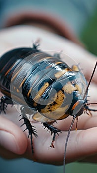 Hand holding a Madagascar hissing cockroach outdoors. Gentle interaction with nature. Concept of exotic pets, entomology