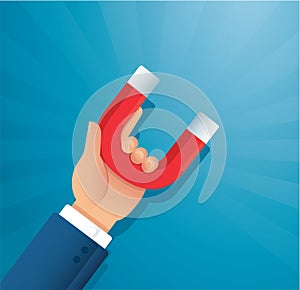 Hand holding a magnet. concept of attracting investments vector illustration