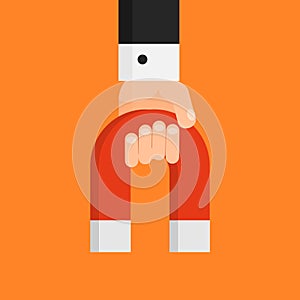 Hand holding magnet. Gravity. Attraction. Business concept. Bussinessman. Vector illustration