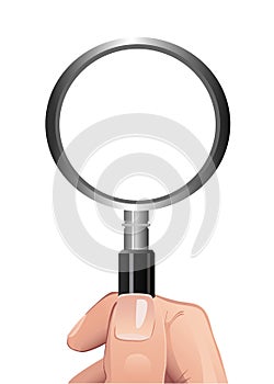 Hand holding magnifying glass.