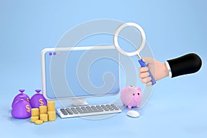 Hand holding magnifying glass and computer, a piggy bank and a pile of coins