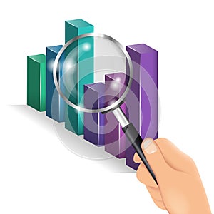 Hand holding a magnifying glass. Diagram, chart, analytics.