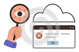 Error Message with Cloud and Magnifying Glass Representing Data Analysis and Troubleshooting