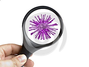 Hand holding magnifying glass focusing on virus cell  on white