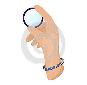 Hand holding magnifying glass, investigative concept, no person visible. Search discovery theme