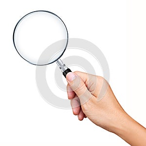 Hand holding magnifying glass isolated