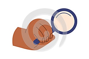 Hand holding magnifying glass, lens icon. Searching, researching with lupe, magnifier tool. Discovery, analysis