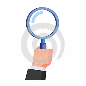 Hand holding magnifying glass in low poly flat illustration vector