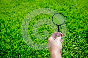 Hand holding magnifying glass in nature