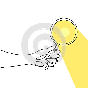 Hand holding magnifying glass one line drawing vector illustration continuous single hand drawn. Magnifying glass with reflected
