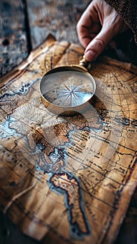 Hand holding a magnifying glass over a map