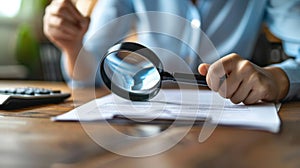 The hand holding magnifying glass. AI generated