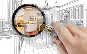 Hand Holding Magnifying Glass Revealing Custom Kitchen Design Dr photo