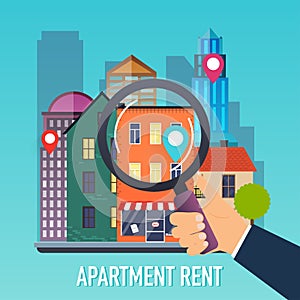 Hand holding a magnifying glass for search apartment. Offer of p