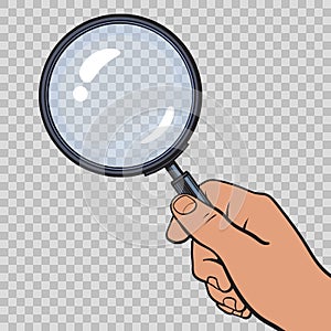 Hand holding magnifying glass on transparent background. Vector.