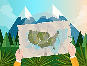 Hand holding map america tracking hunting in forest mountain tree vector graphic illustration cartoon jungle sunset