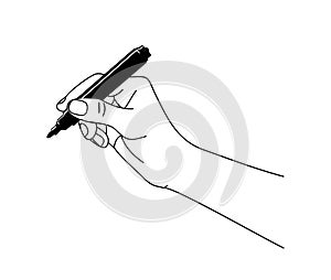 Hand holding marker, highlighter vector on white.