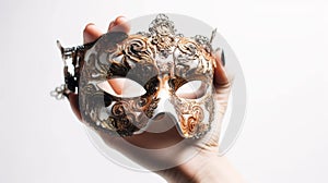 Hand holding masquerade mask on white background