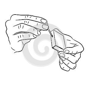 Hand holding match and box of monochrome illustration