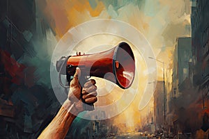 Hand holding megaphone Announcement concept promotion and advertising concept