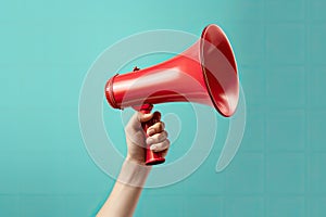 Hand holding megaphone Announcement concept promotion and advertising concept