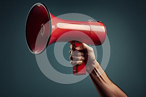 Hand holding megaphone Announcement concept promotion and advertising concept