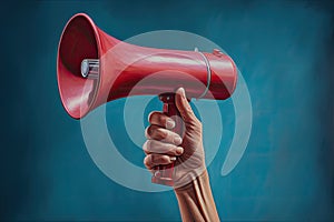 Hand holding megaphone Announcement concept promotion and advertising concept