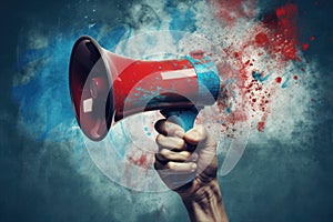 Hand holding megaphone Announcement concept promotion and advertising concept