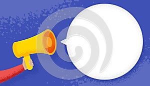 Hand holding megaphone with blank speech bubble. Loudspeaker advertisement concept. Banner for business, promotion and advertising