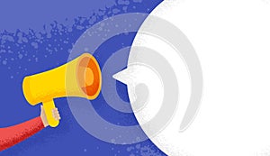 Hand holding megaphone with blank speech bubble. Loudspeaker advertisement concept. Banner for business, promotion and advertising