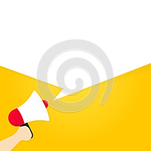 Hand holding megaphone with blank for your message in bubble speech illustration. Loudspeaker. Announcement. Advertising. Vector