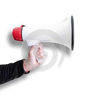Hand holding megaphone or bullhorn with shadow isolated on white