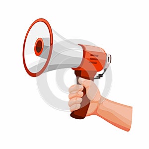 Hand holding Megaphone, Demonstrator Oration and Shouting using Loadspeaker Symbol in cartoon illustration vector isolated in whit