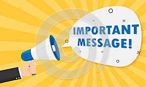 Hand holding megaphone with Important Announcement, message. Vector flat design
