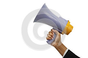 Hand holding megaphone isolated with clipping path.