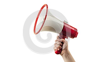Hand holding megaphone isolated on white background
