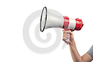 Hand holding megaphone isolated on white background