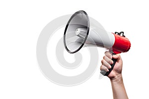 Hand holding megaphone isolated on white background