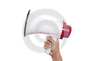 Hand holding megaphone isolated on white background with copy space for your text