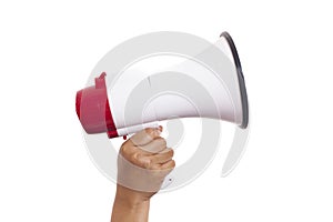 Hand holding megaphone isolated on white background with copy space for your text