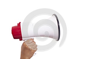 Hand holding megaphone isolated on white background with copy space for your text