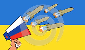 Hand holding megaphone with Russian flag and flying missiles, attack of disinformation