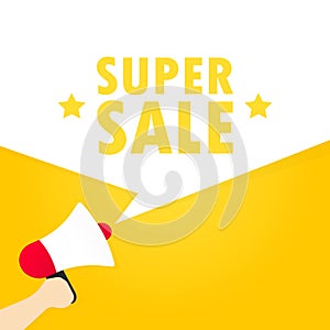 Hand holding megaphone with super sale message in bubble speech illustration. Loudspeaker. Announcement. Advertising. Vector EPS