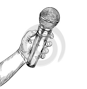 Hand holding mic, hand drawn vector illustration