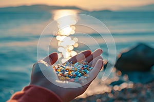 Hand holding micro plastics which was washed ashore from sea. Volunteer collects plastic from beach sand. Environment