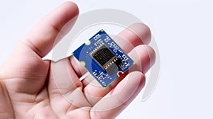 Hand Holding Microchip on White, Tech Concept