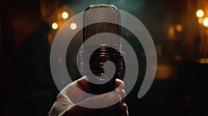 Hand holding microphone in dimly lit room